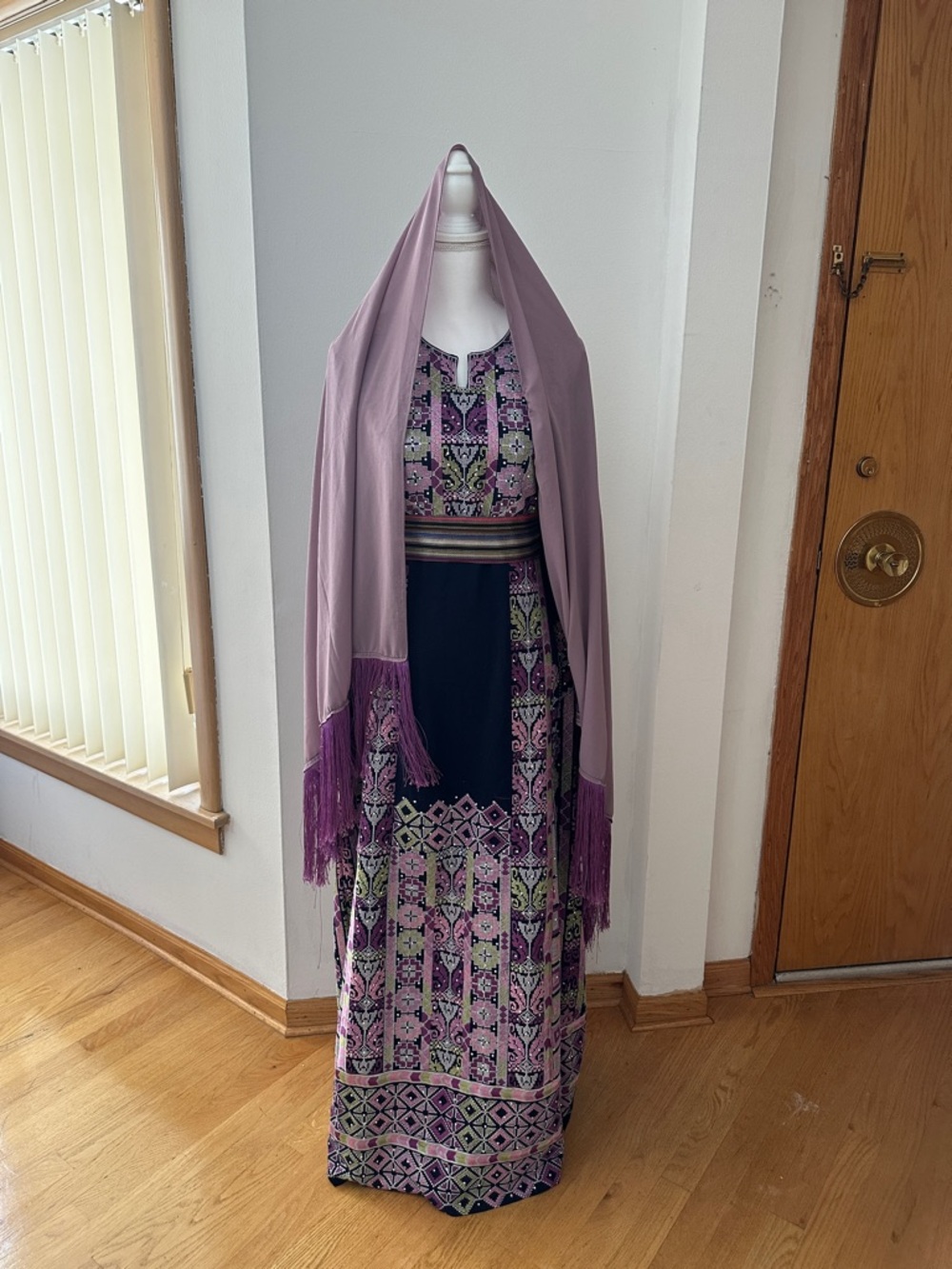 Purple Patterned Women's Maxi Dress with Fringe Shawl